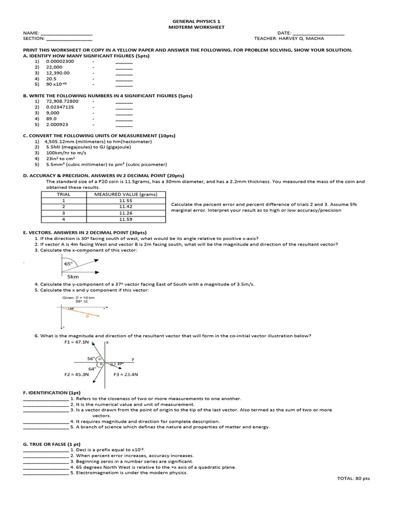 General Physics 1 Midterm Worksheet | PDF