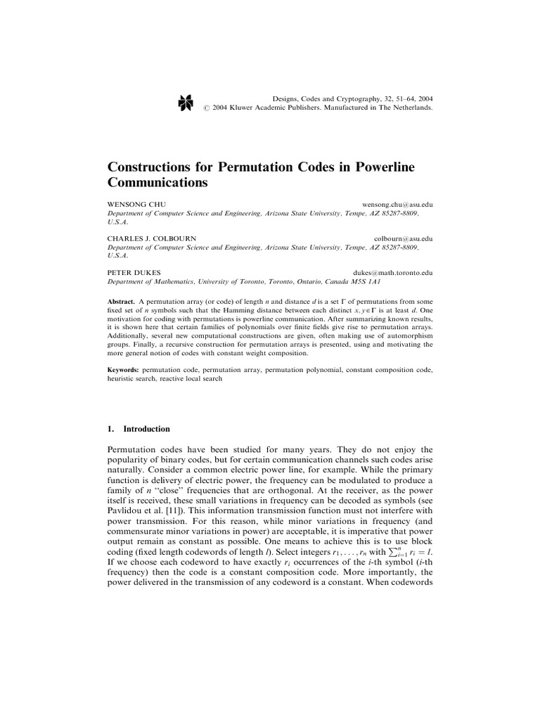 Permutation Codes for Powerline Communication | PDF | Field ...