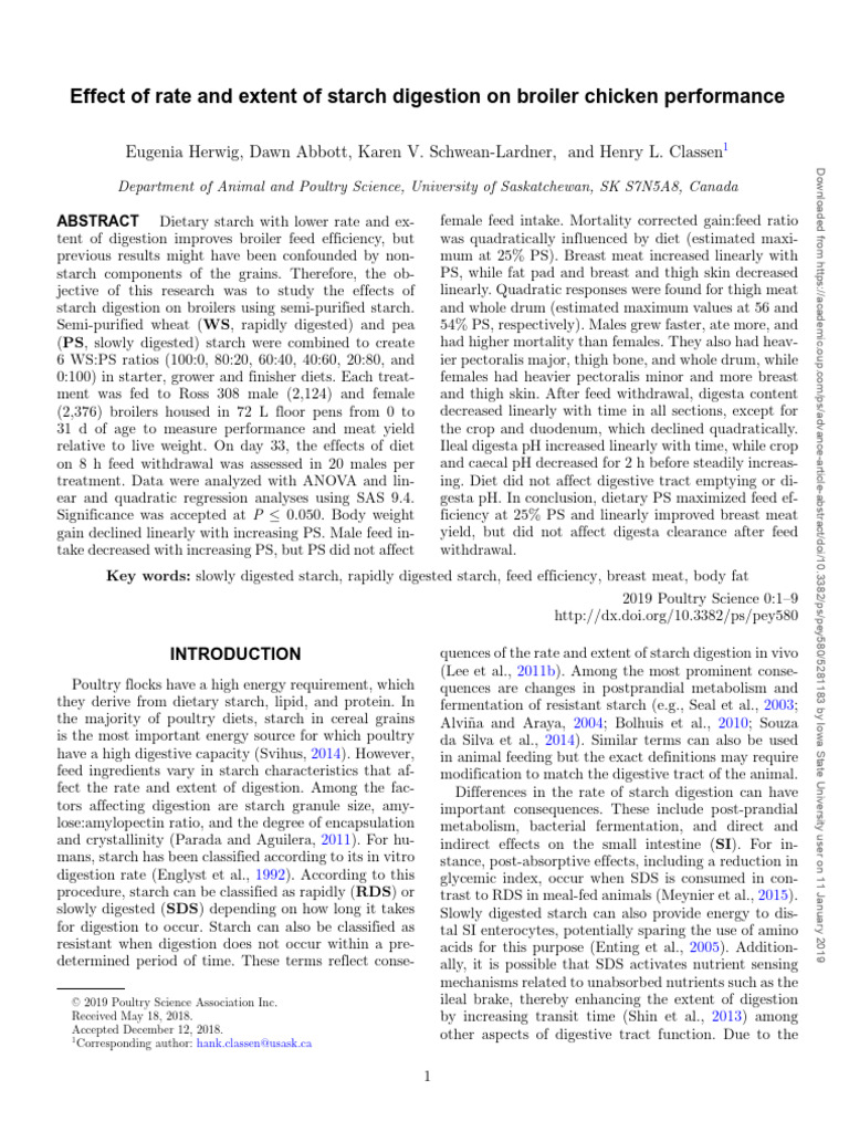 Effect of Rate and Extent of Starch Digestion On Broiler Chicken ...