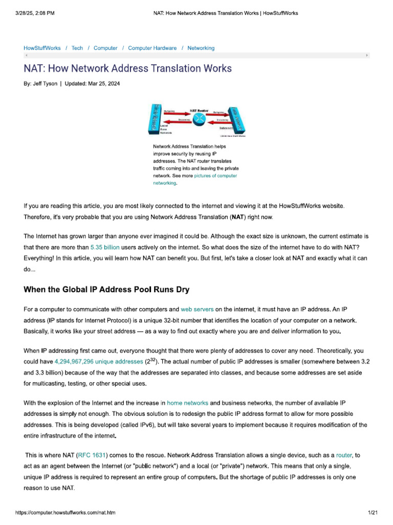 NAT - How Network Address Translation Works | PDF