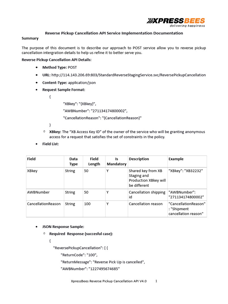 XpressBees Reverse Pickup Cancellation API | PDF | Information ...