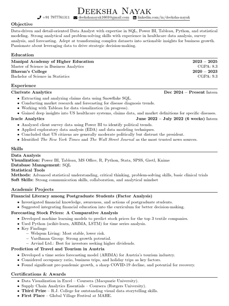 Data Analyst Profile: Deeksha Nayak | PDF | Data | Data Analysis