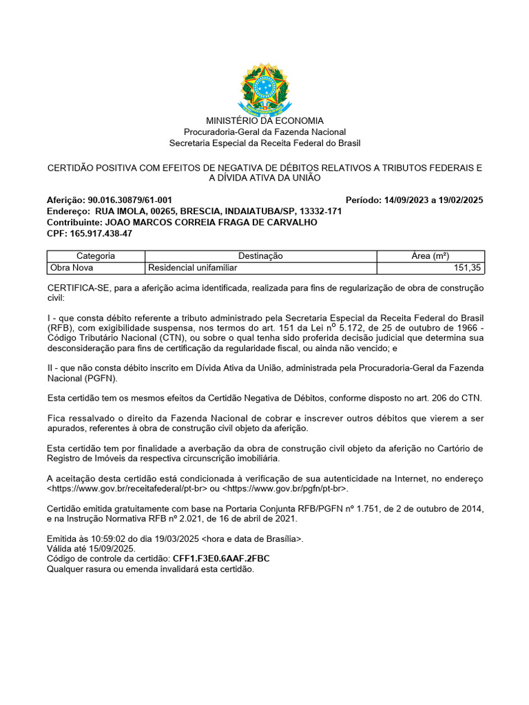 Certidão Positiva de Débitos Federais | PDF