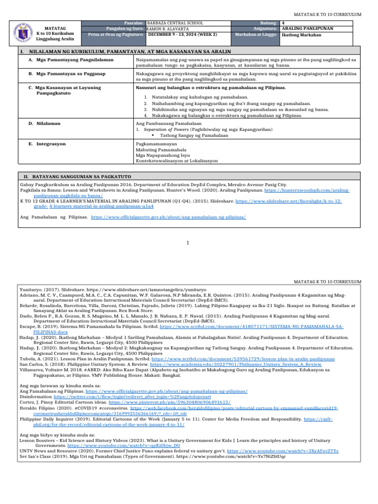 DLL Matatag - Araling Panlipunan 4 q3 w2 | PDF