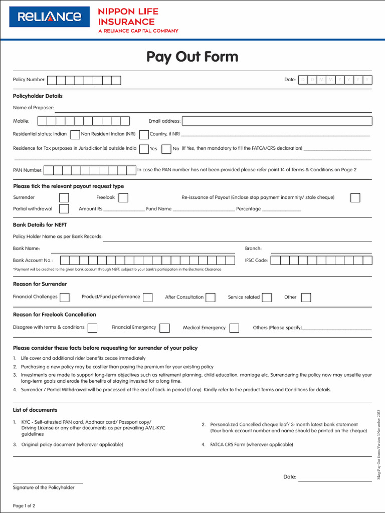 Payout Request Form for Insurance Policies | PDF | Insurance | Banks