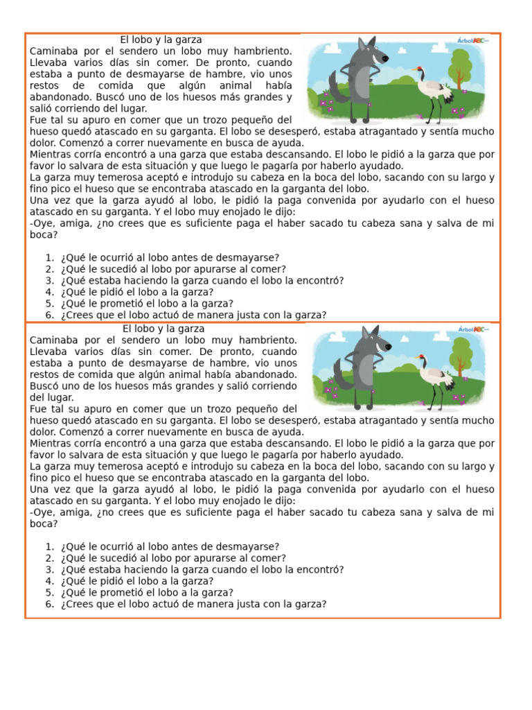 El lobo y la garza: fábula infantil | PDF