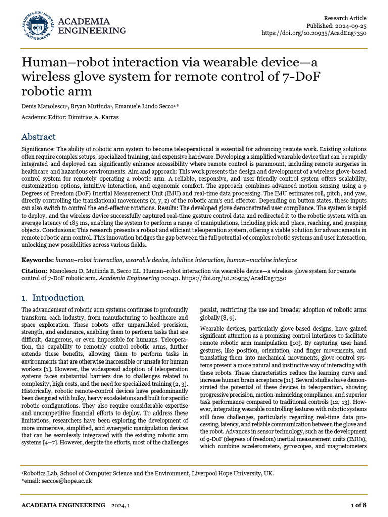 Human Robot Interaction Via Wearable Dev Pdf Robotics Cartesian