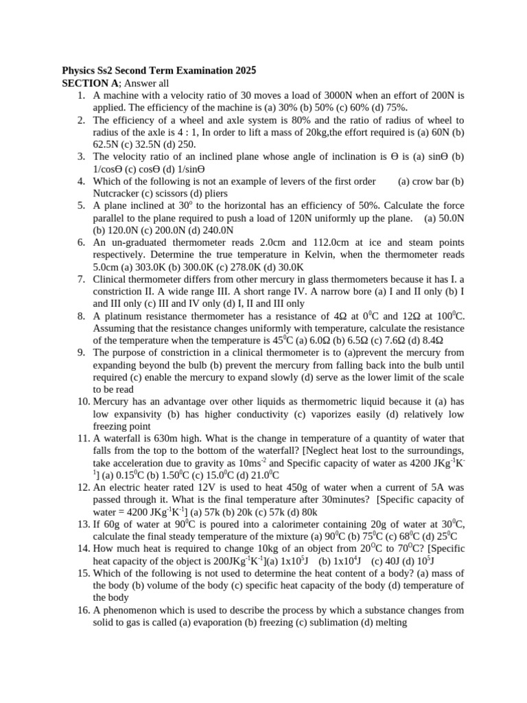 Physics SS2 Second Term Exam 2025 | PDF | Boiling | Temperature