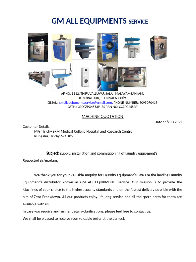 SRM Hospital Laundry Equipment Quotation | PDF | Washing Machine