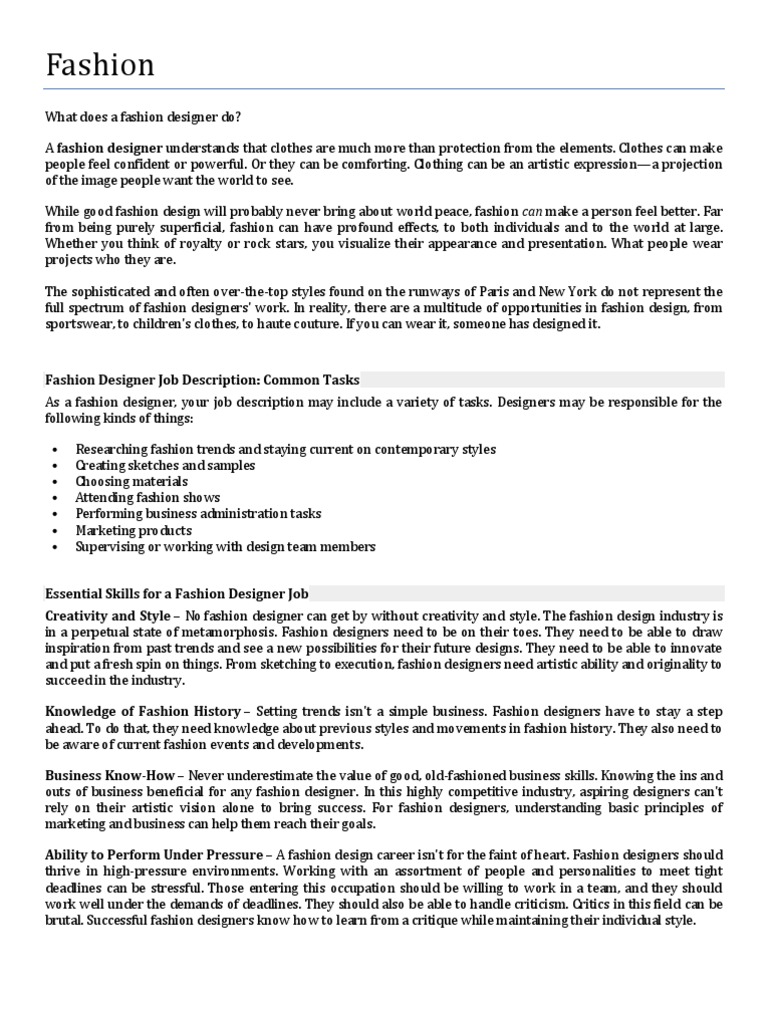 Fashion Designer Roles and Responsibilities | PDF | Fashion | Fashion Design