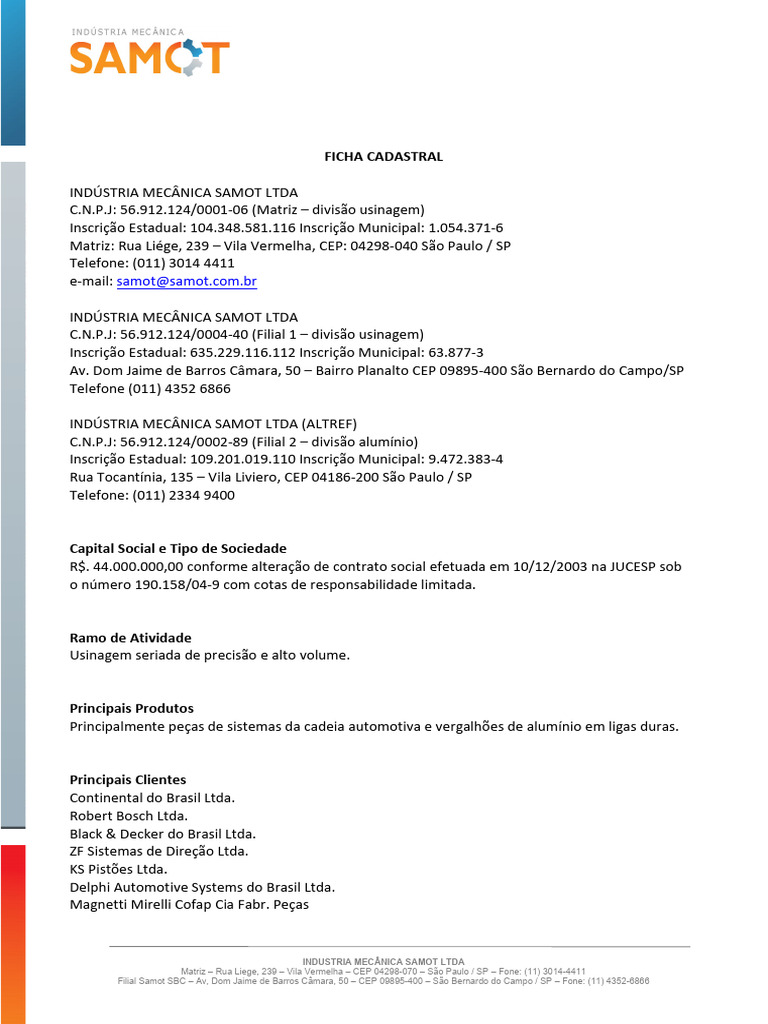 Contatos e Informações da Samot Ltda | PDF | Metais | Produção e fabricação