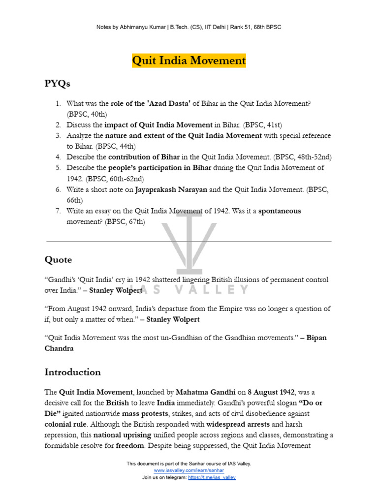 Quit India Movement: Key Insights | PDF | British Raj | Mahatma Gandhi