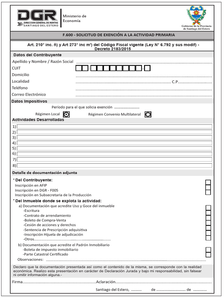 Solicitud De Exenci n Actividad Primaria PDF