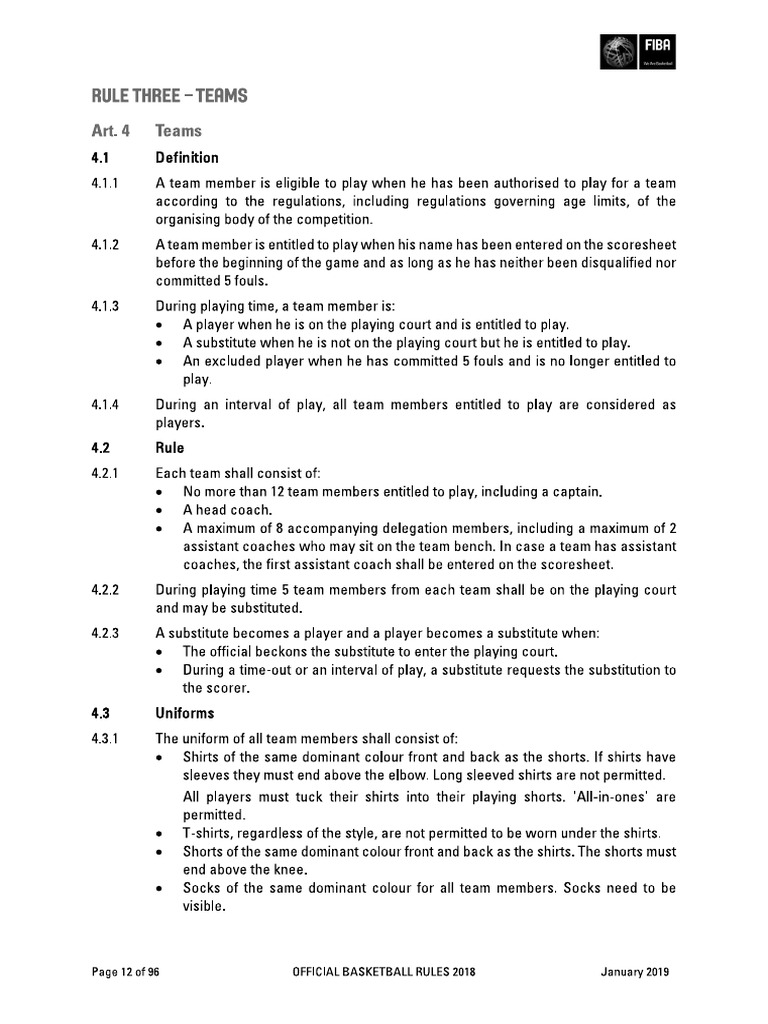 2018 FIBA Uniform Rules | PDF