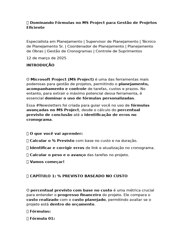 Dominando Fórmulas No MS Project para Gestão de Projetos Eficiente | PDF