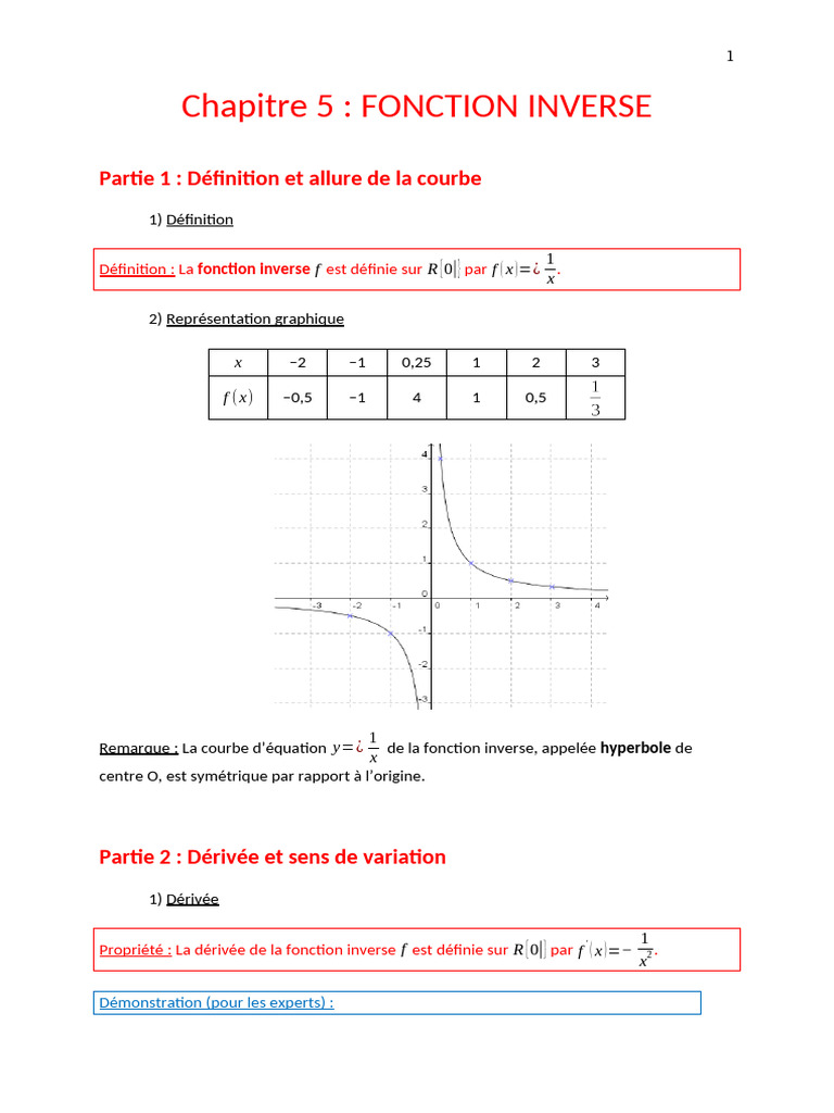 Fonction Inverse : Propriétés et Variations | PDF | Fonction ...