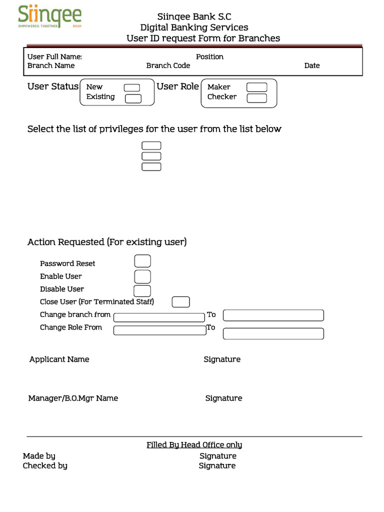 Digital Banking User request form | PDF