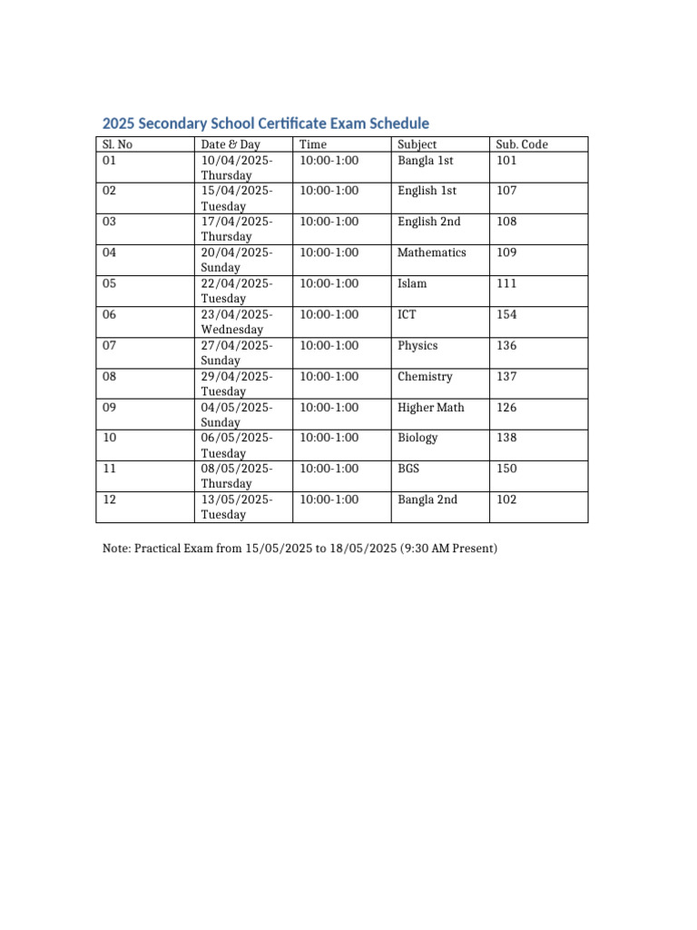 2025 Secondary School Exam Schedule | PDF