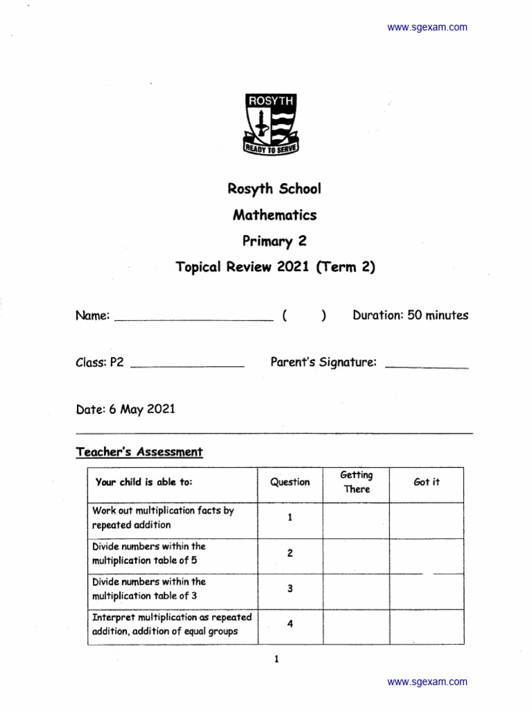 Primary 2 Math Exam Answer Key | PDF