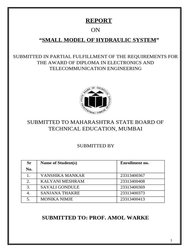Hydraulic System” Report-1 | PDF | Pump | Manufactured Goods