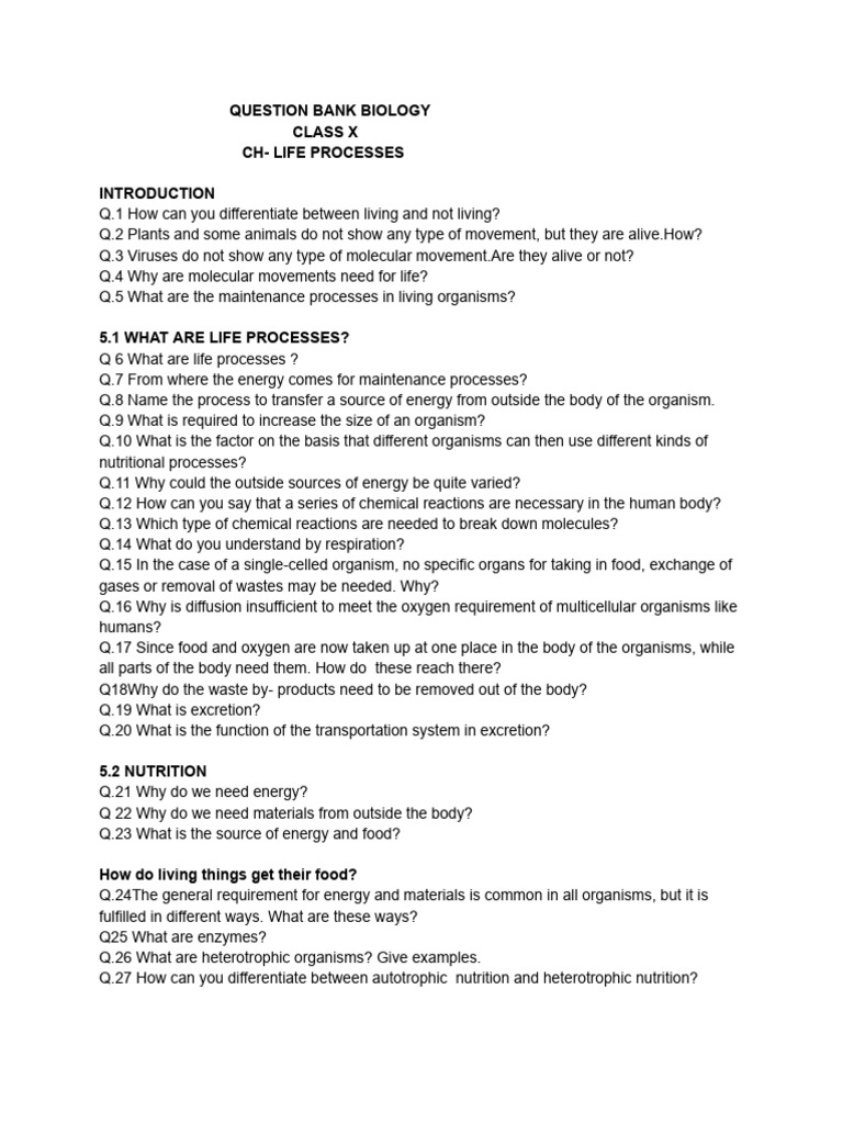 QB Bio Class X CH - Life Processes | PDF | Digestion | Nutrition