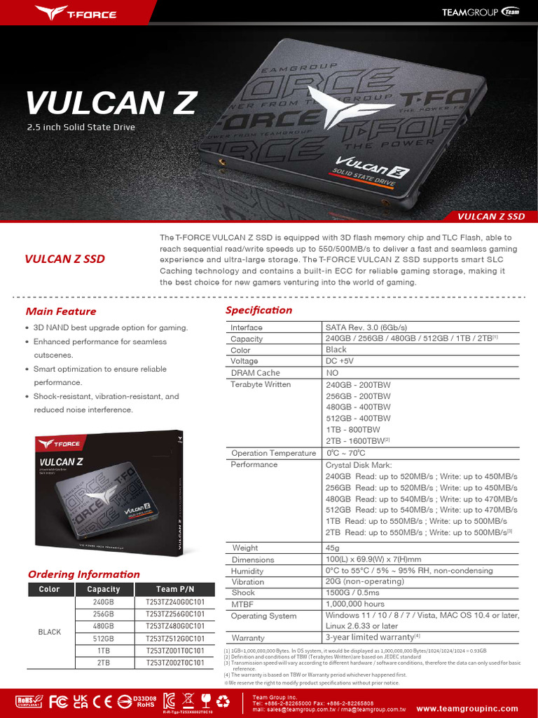 TeamGroup T-Force Vulcan Z SSD Specs | PDF | Solid State Drive | Flash ...