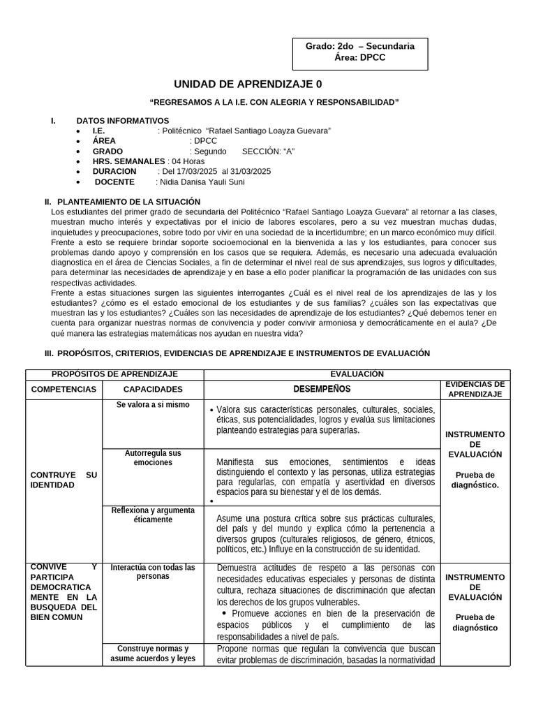 Unidad de Aprendizaje DPCC 2025 | PDF | Evaluación | Aprendizaje
