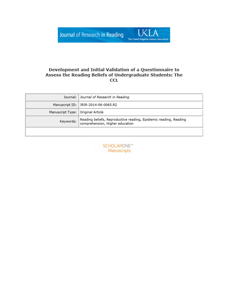 Development and Initial Validation of A Questionnaire To Assess The ...