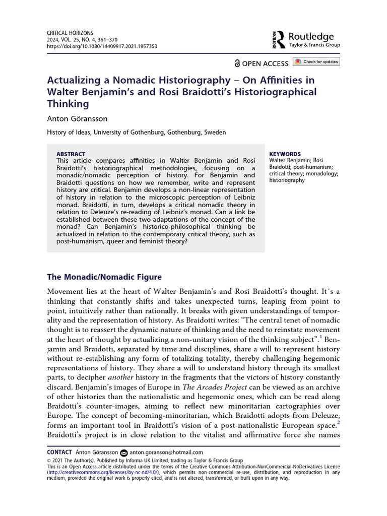 Actualizing A Nomadic Historiography - On Affinities in Walter Benjamin ...
