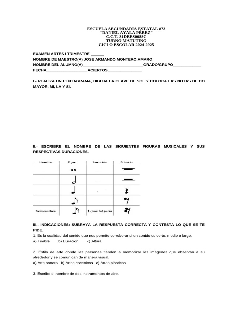 Examen Artes Secundaria 1er Trimestre | PDF