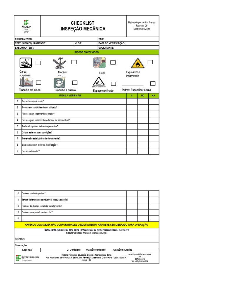 Checklist de Inspeção Mecânica de Equipamentos | PDF