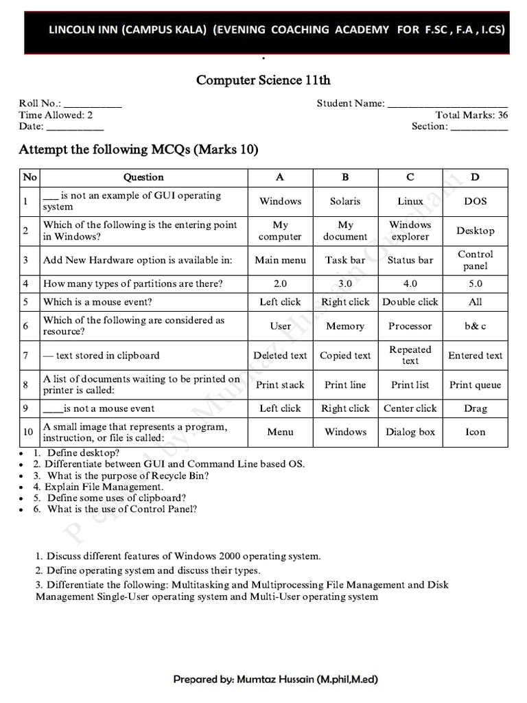 Computer Science MCQ Test Paper | PDF | Operating System | Microsoft ...