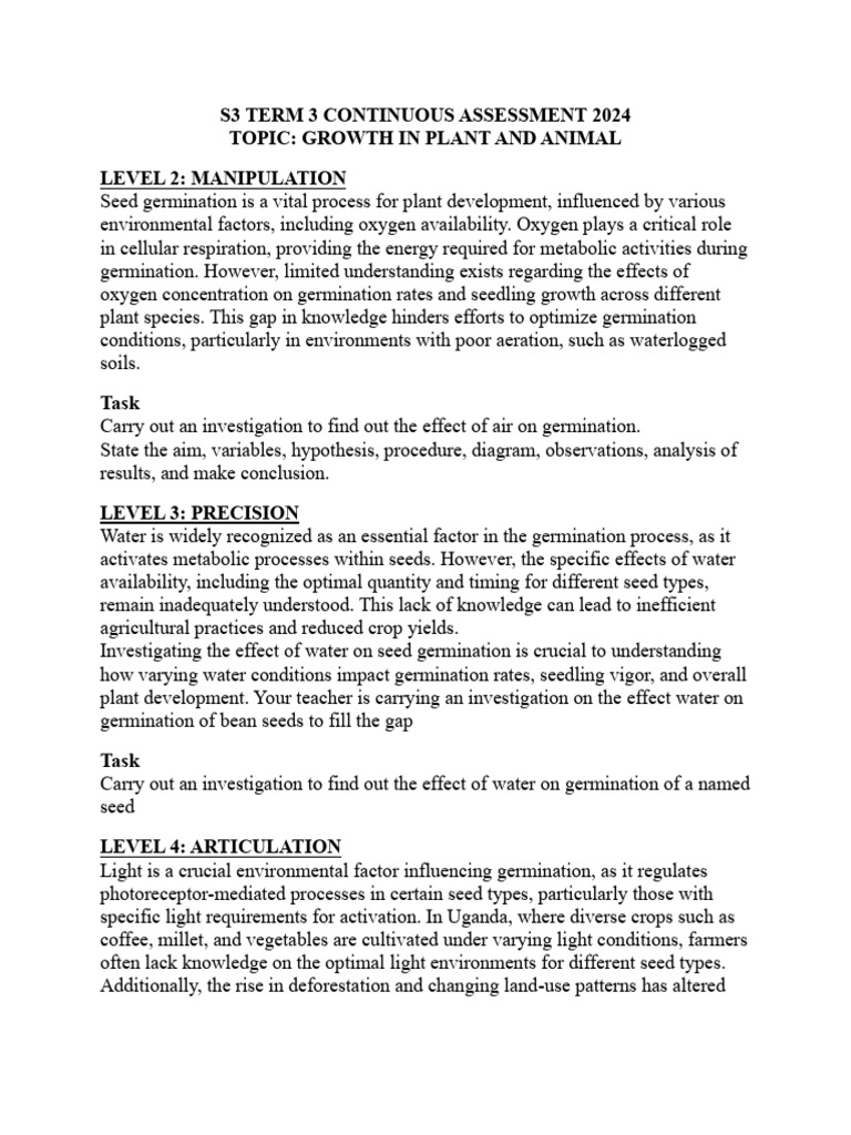 s3 Term 3 Continuous Assessment 2024 | PDF | Seed | Germination