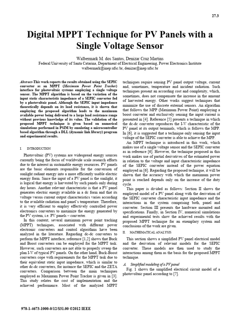 Digital MPPT Technique For PV Panels With A Single Voltage Sensor | PDF ...