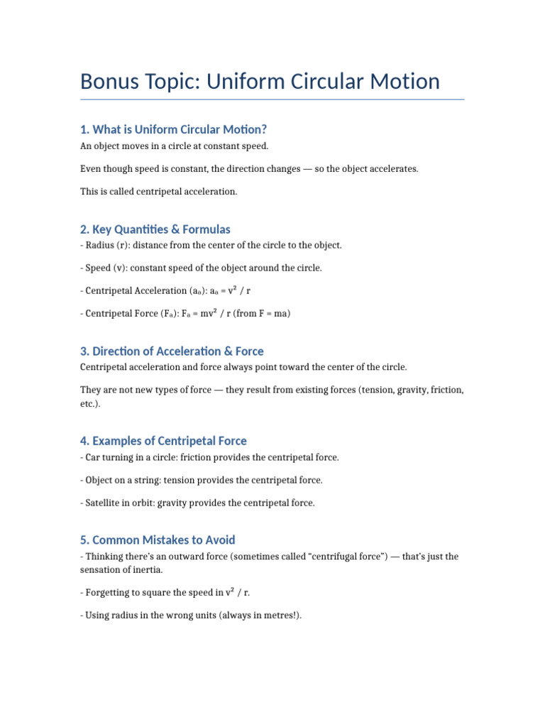 Bonus Uniform Circular Motion Notes | PDF