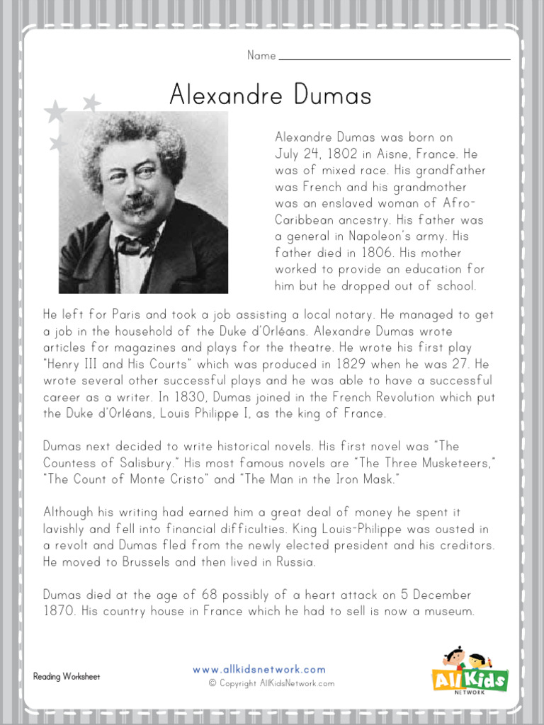 Alexandre Dumas Biography Worksheet | PDF | Alexandre Dumas | French ...