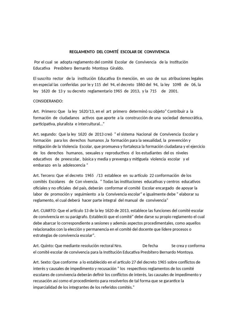 Reglamento Del Comité Escolar de Convivencia | PDF | Quórum | Leyes de ...