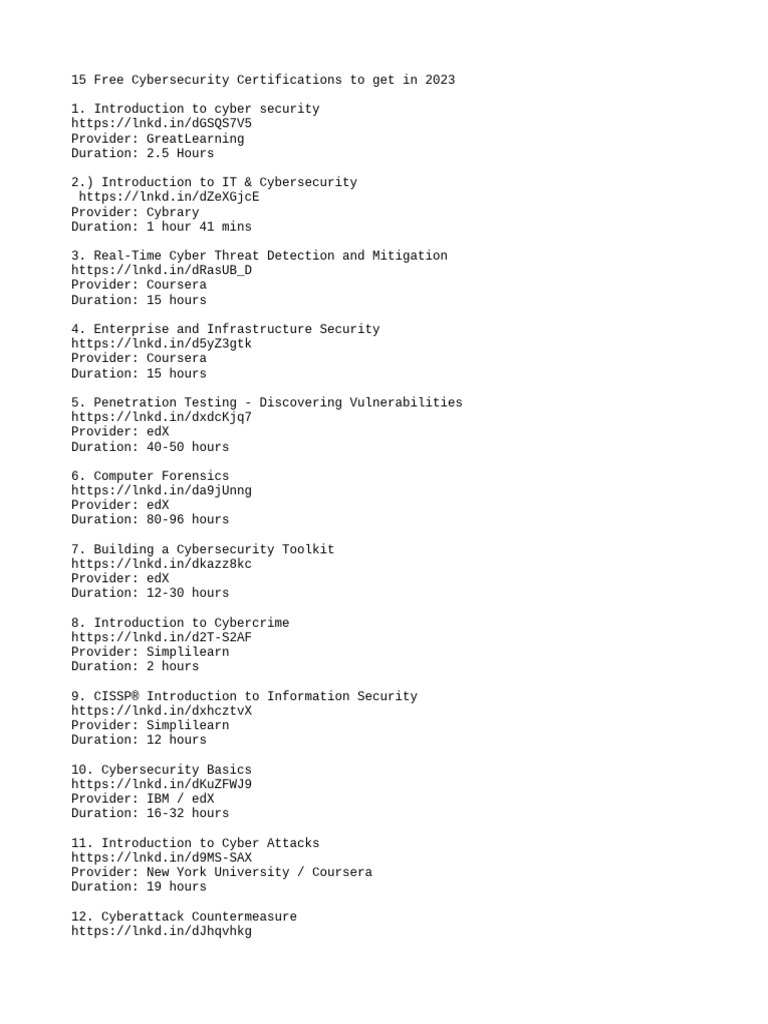 15 Free Cybersecurity Certifications To Get in 2023 | PDF