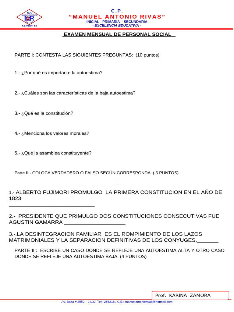 Examen Mensual de Personal Social | PDF