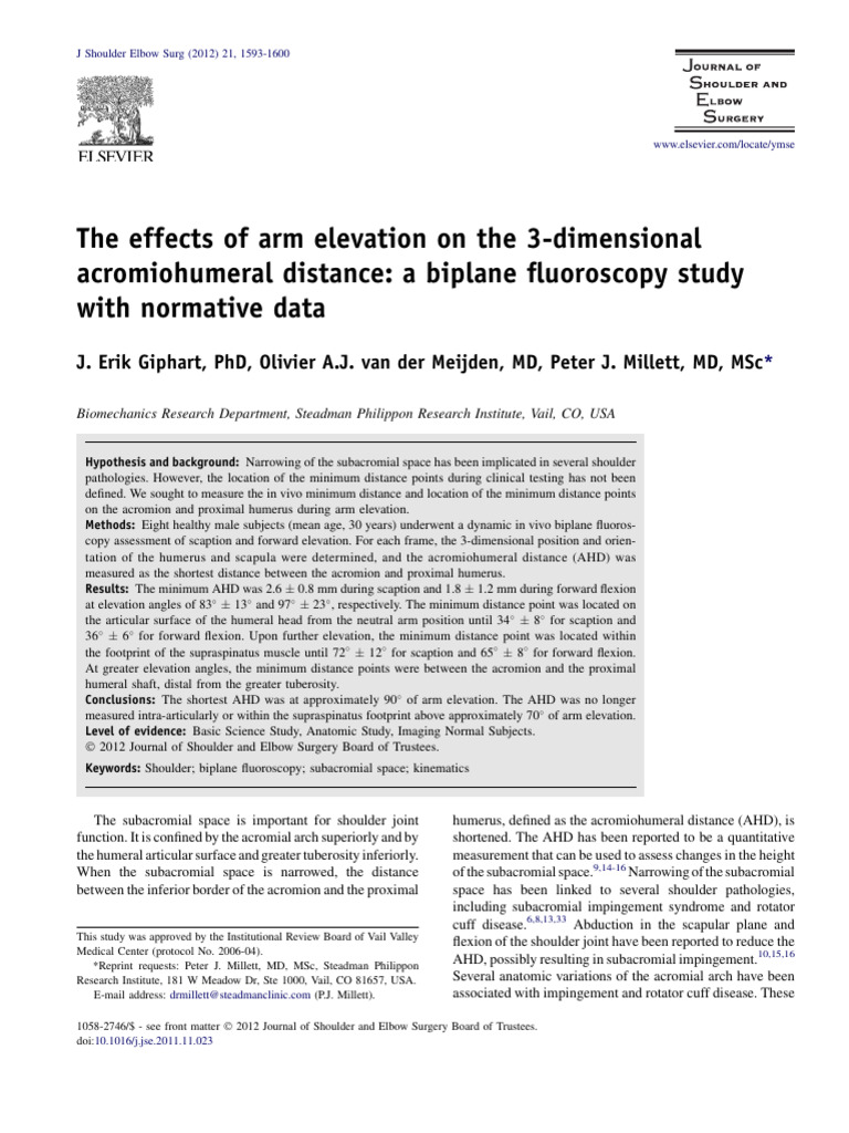 Effects Arm Elevation 3 Dimensional Acromiohumeral Distance Biplane ...