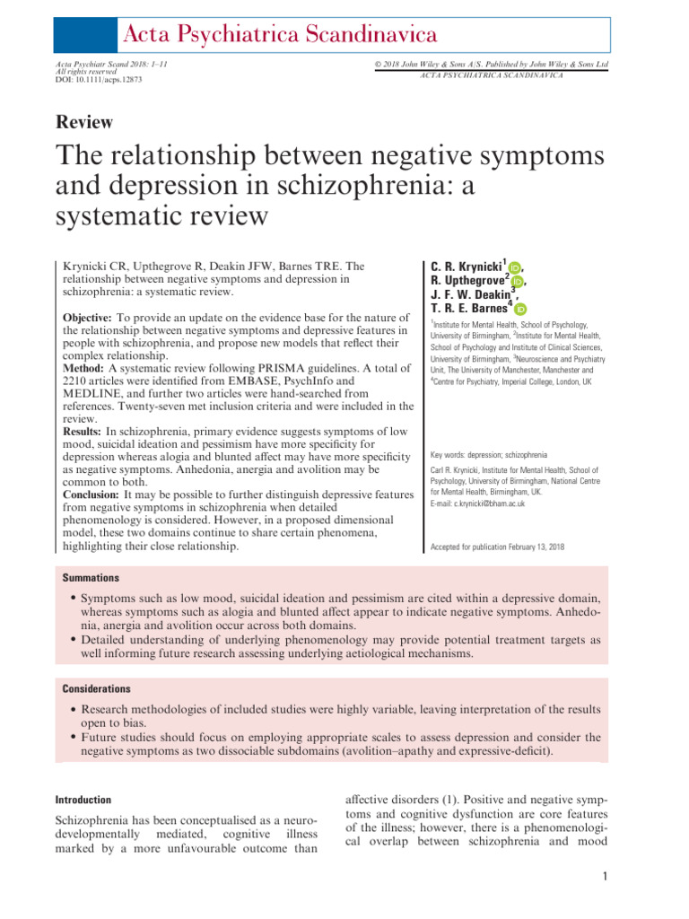 Negative Symptoms and Depression in Schizophrenia | PDF | Schizophrenia ...