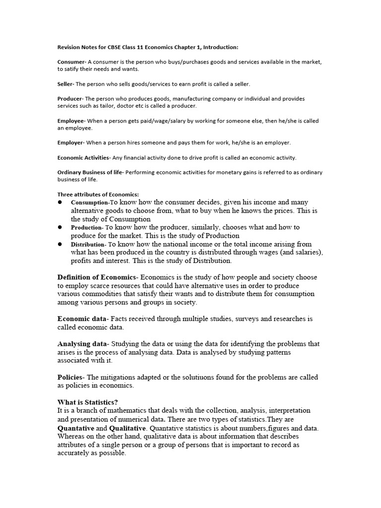 Revision Notes For Cbse Class 11 Economics Chapter 1 Pdf Economics