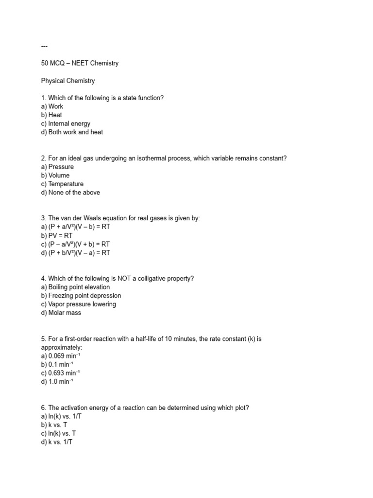 50 MCQs for NEET Chemistry Exam | PDF | Chemical Equilibrium | Reaction ...