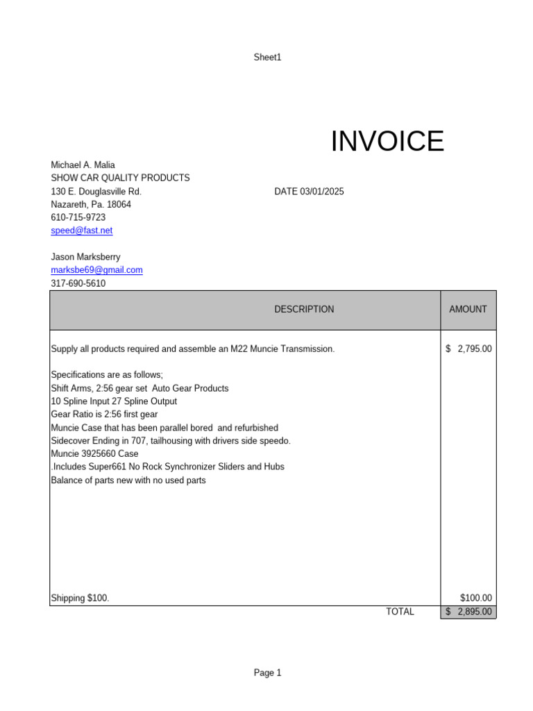 M22 Muncie Transmission Invoice | PDF