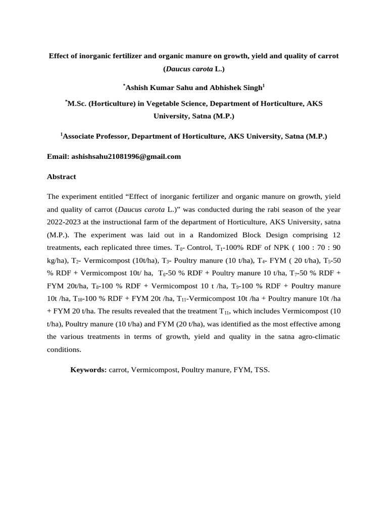 Ashish Kumar Sahu Research Paper 2023 | PDF | Carrot | Manure