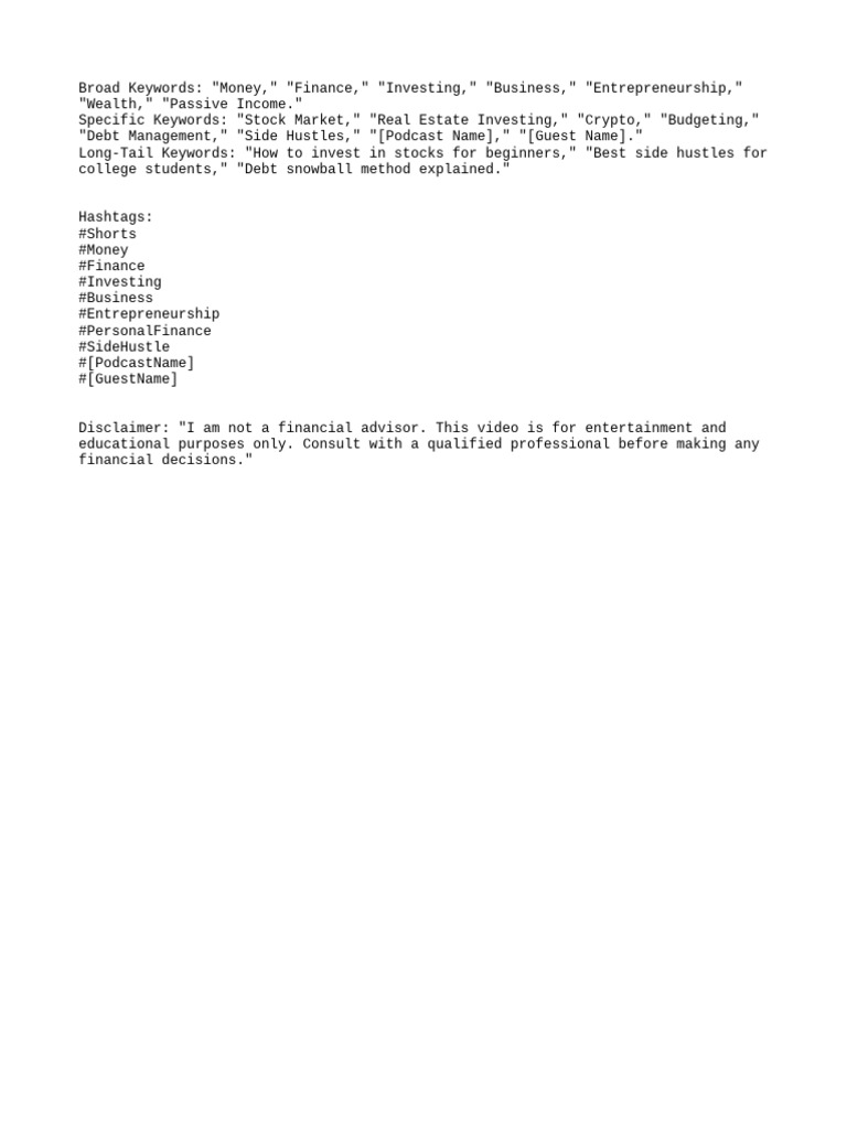 Disclaimer, Keywords and Hashtags For Money Game | PDF