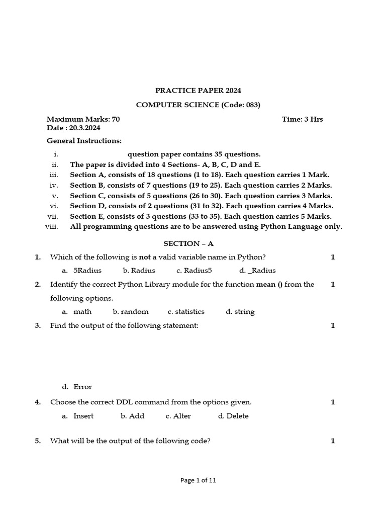 Practice paper - Computer Science 2024 QP copy | PDF | Computer Network ...