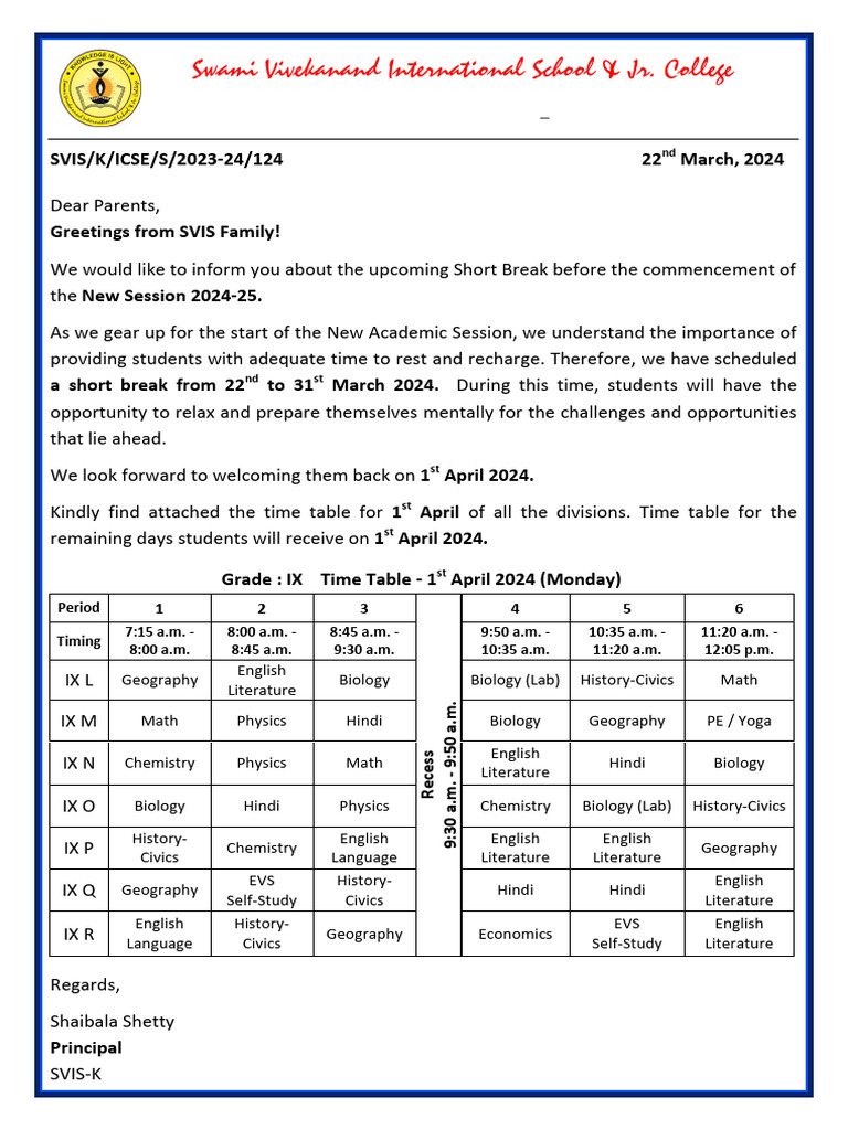 124 Circular - New Session Only 1st April | PDF