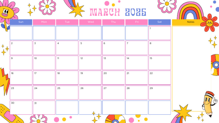 Colorful Illustrated Retro Groovy Cartoon March 2025 Monthly Calendar | PDF