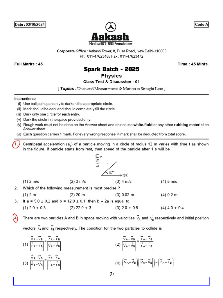 Physics Class Test - Motion & Measurement | PDF | Acceleration | Velocity